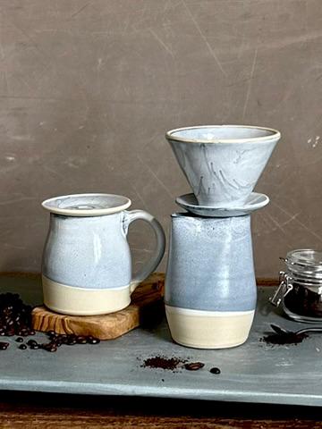 Handmade Stoneware Pour Over & Coffee Mug SET | Linen Gray Bell Ceramic Mug Coffee Dripper SET | Wheel Thrown Pottery