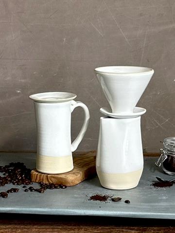 Handmade Stoneware Pour Over & Coffee Mug SET | White Dove Tall Ceramic Mug Coffee Dripper SET | Wheel Thrown Pottery