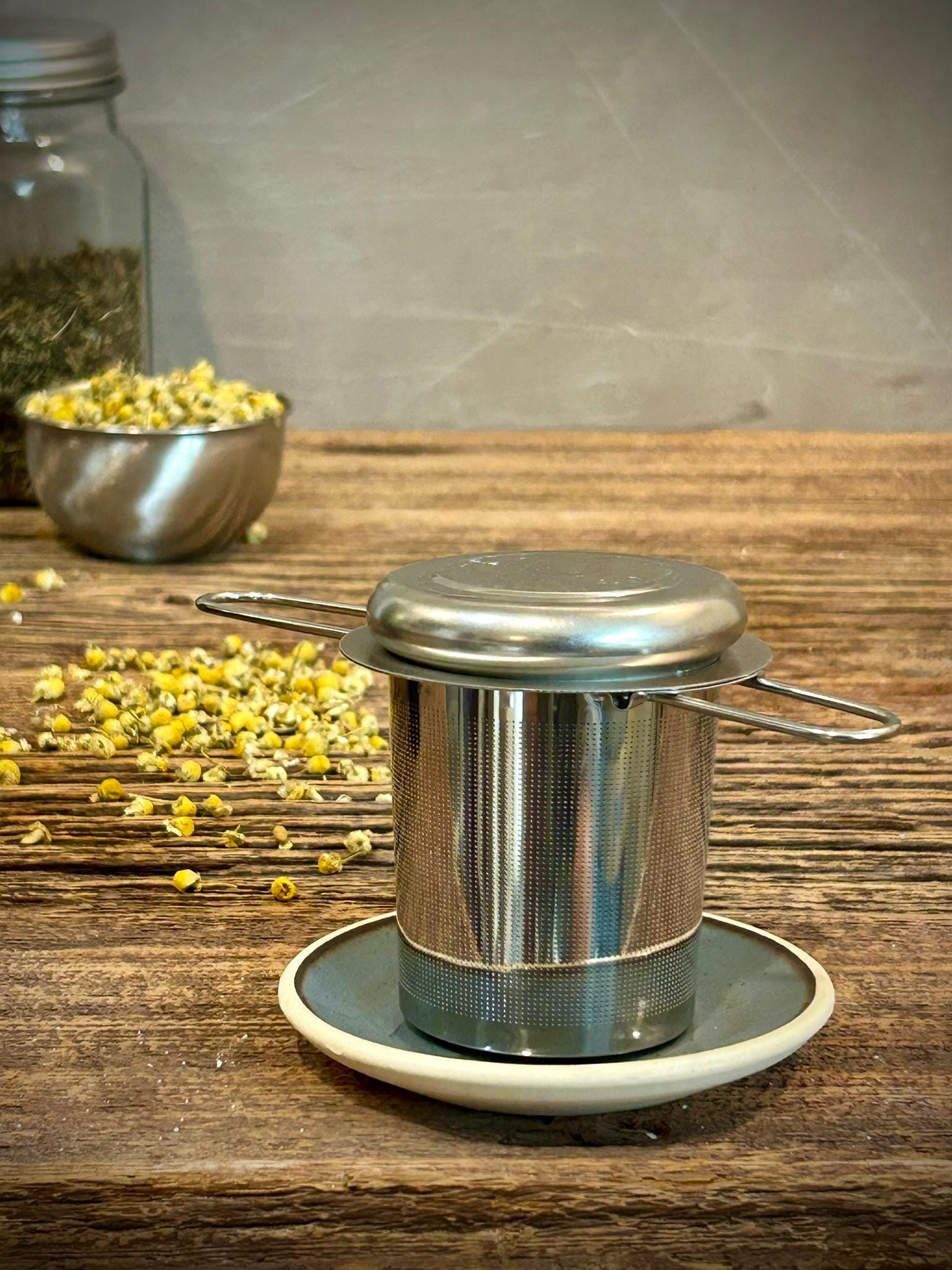 Loose Leaf Tea Infuser & Handmade Ceramic Drip Plate SET | Stainless Steel Steeper | Riverdrift Stoneware Rest | Tea Brewing Accessories