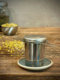 Loose Leaf Tea Infuser & Handmade Ceramic Drip Plate SET | Stainless Steel Steeper | Riverdrift Stoneware Rest | Tea Brewing Accessories