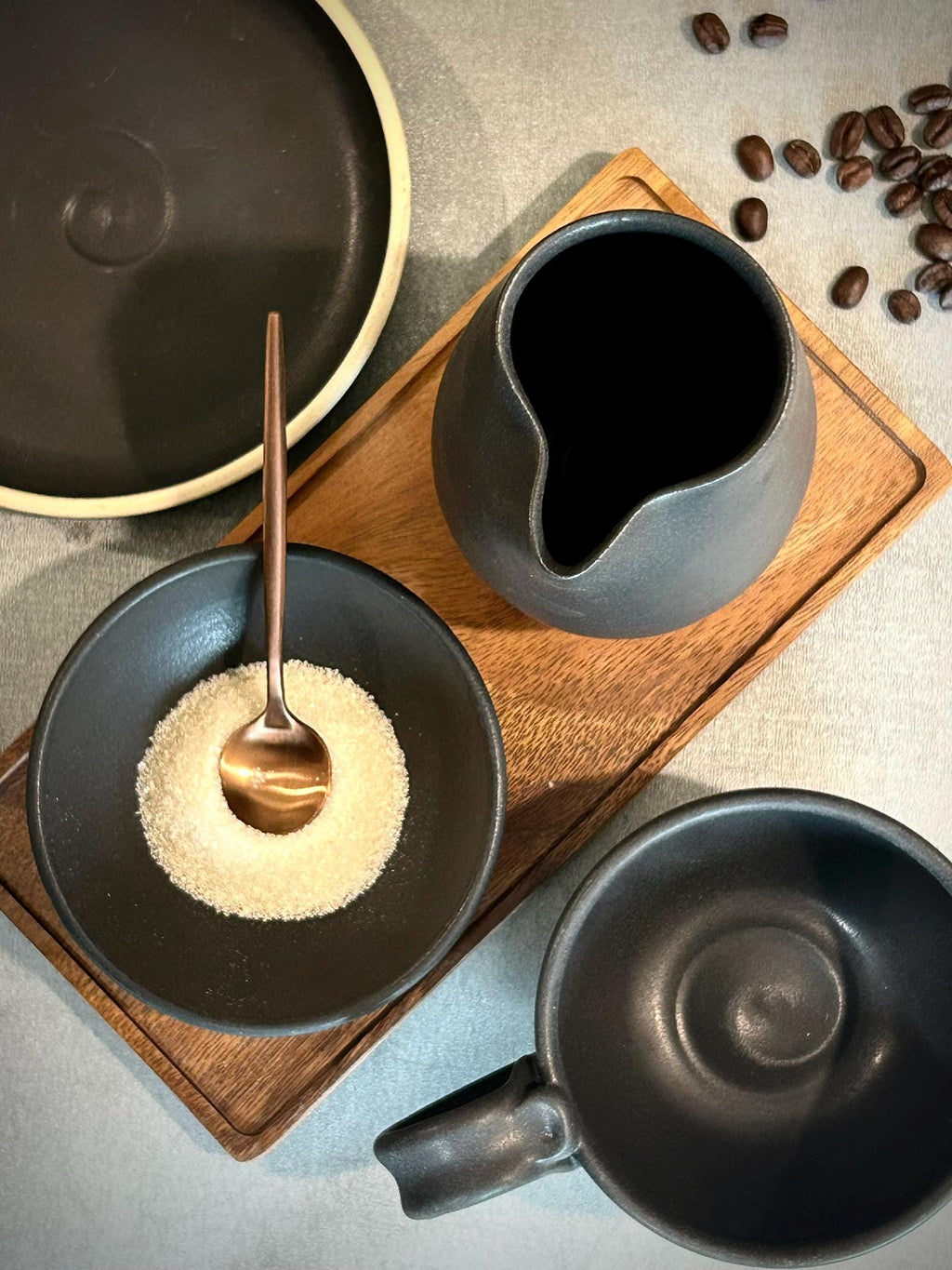 Handmade Ceramic Cream & Sugar SET | Blackstone Artisan Stoneware Creamer, Sugar Bowl, Spoon and Tray SET | Pottery Coffee Bar Set