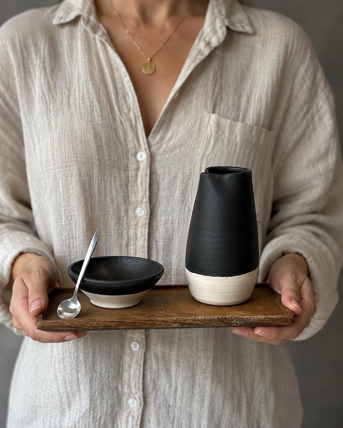 Handmade Ceramic Cream & Sugar SET | Blackstone Artisan Stoneware Creamer, Sugar Bowl, Spoon and Tray SET | Pottery Coffee Bar Set