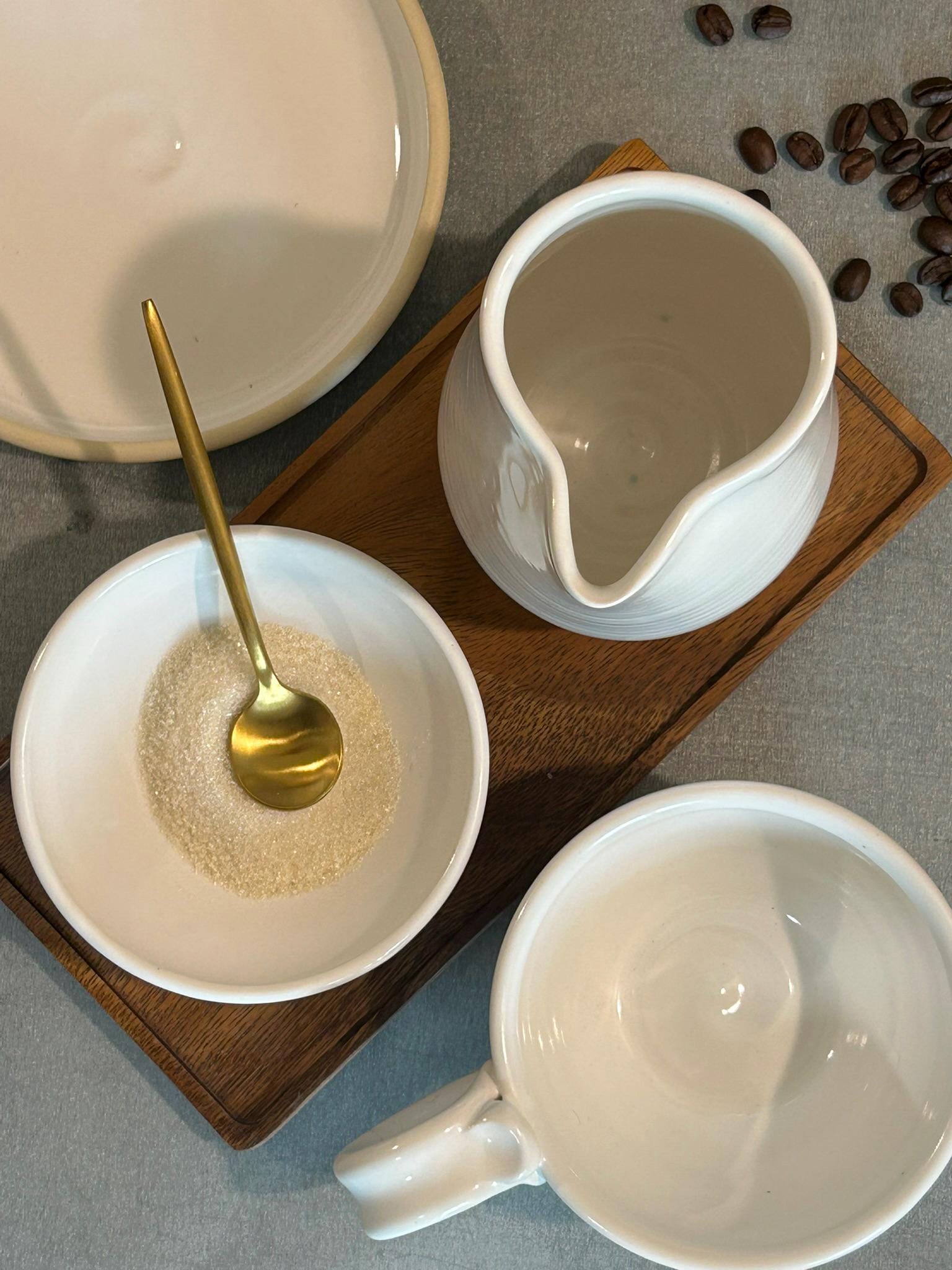 Handmade Ceramic Cream & Sugar SET | White Dove Artisan Stoneware Creamer, Sugar Bowl, Spoon and Tray SET | Pottery Coffee Bar Set