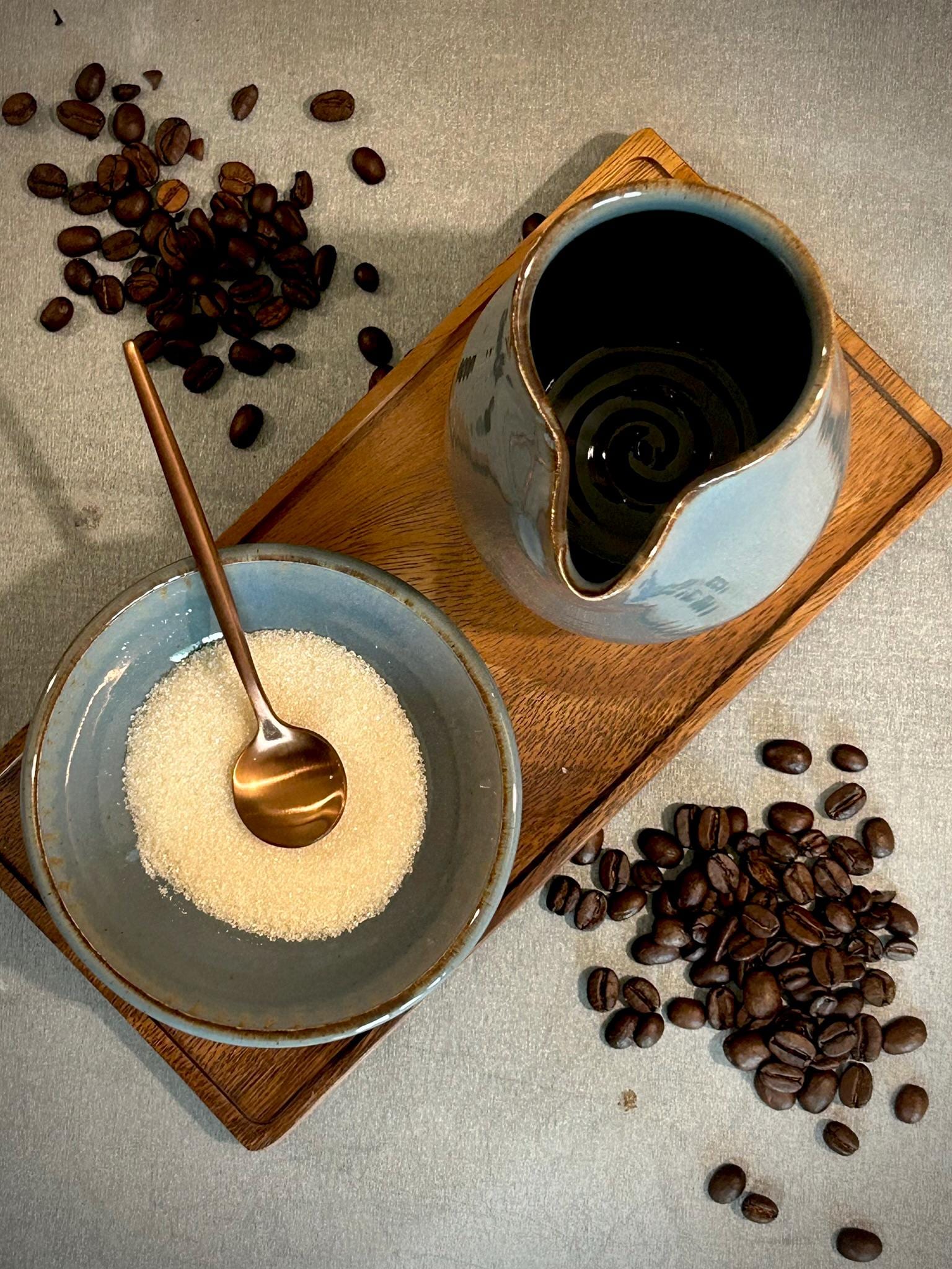 Handmade Ceramic Cream & Sugar SET | Riverdrift Artisan Stoneware Creamer, Sugar Bowl, Spoon and Tray SET | Pottery Coffee Bar Set