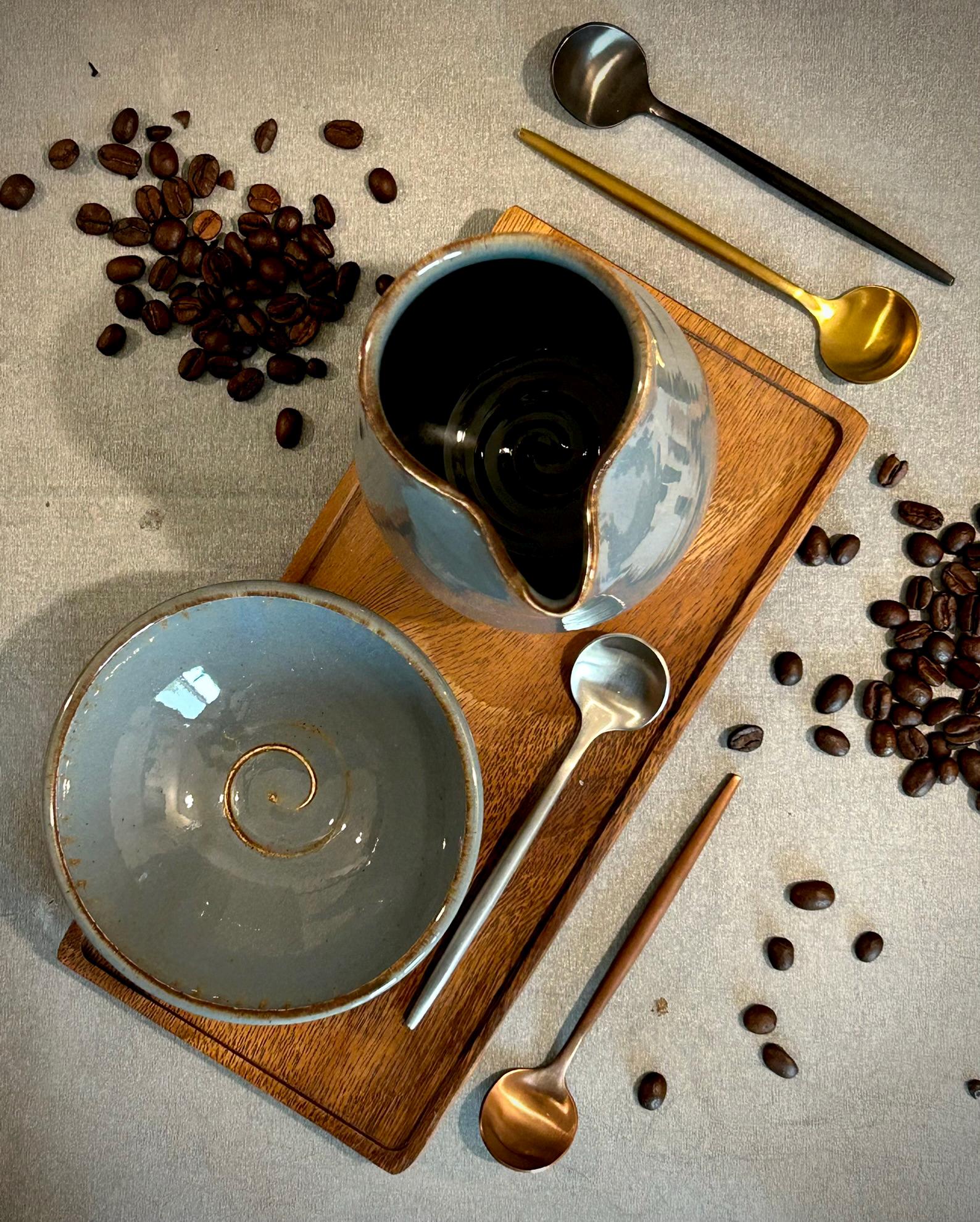 Handmade Ceramic Cream & Sugar SET | Riverdrift Artisan Stoneware Creamer, Sugar Bowl, Spoon and Tray SET | Pottery Coffee Bar Set
