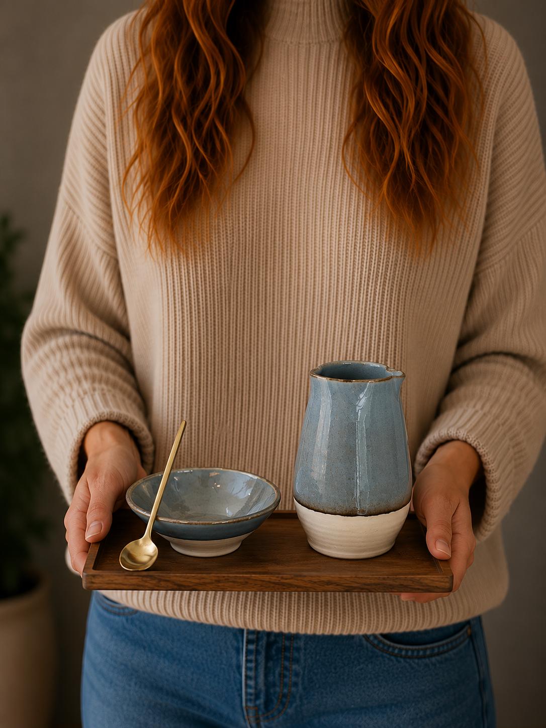 Handmade Ceramic Cream & Sugar SET | Riverdrift Artisan Stoneware Creamer, Sugar Bowl, Spoon and Tray SET | Pottery Coffee Bar Set