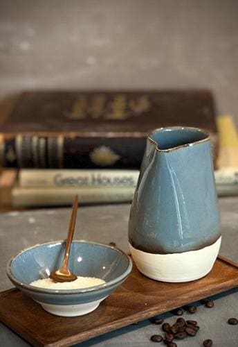 Handmade Ceramic Cream & Sugar SET | Riverdrift Artisan Stoneware Creamer, Sugar Bowl, Spoon and Tray SET | Pottery Coffee Bar Set
