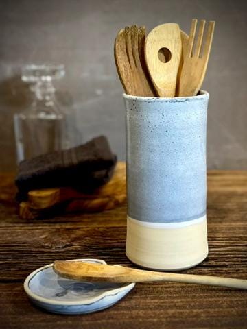 Handmade Ceramic Wine Chiller, Utensil Holder & Vase | Linen Gray Artisan Stoneware Kitchen Crock | Champagne Chiller