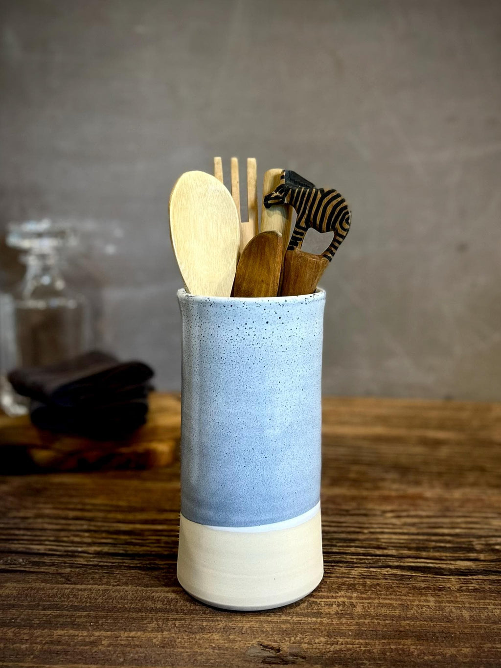 Handmade Ceramic Wine Chiller, Utensil Holder & Vase | Linen Gray Artisan Stoneware Kitchen Crock | Champagne Chiller