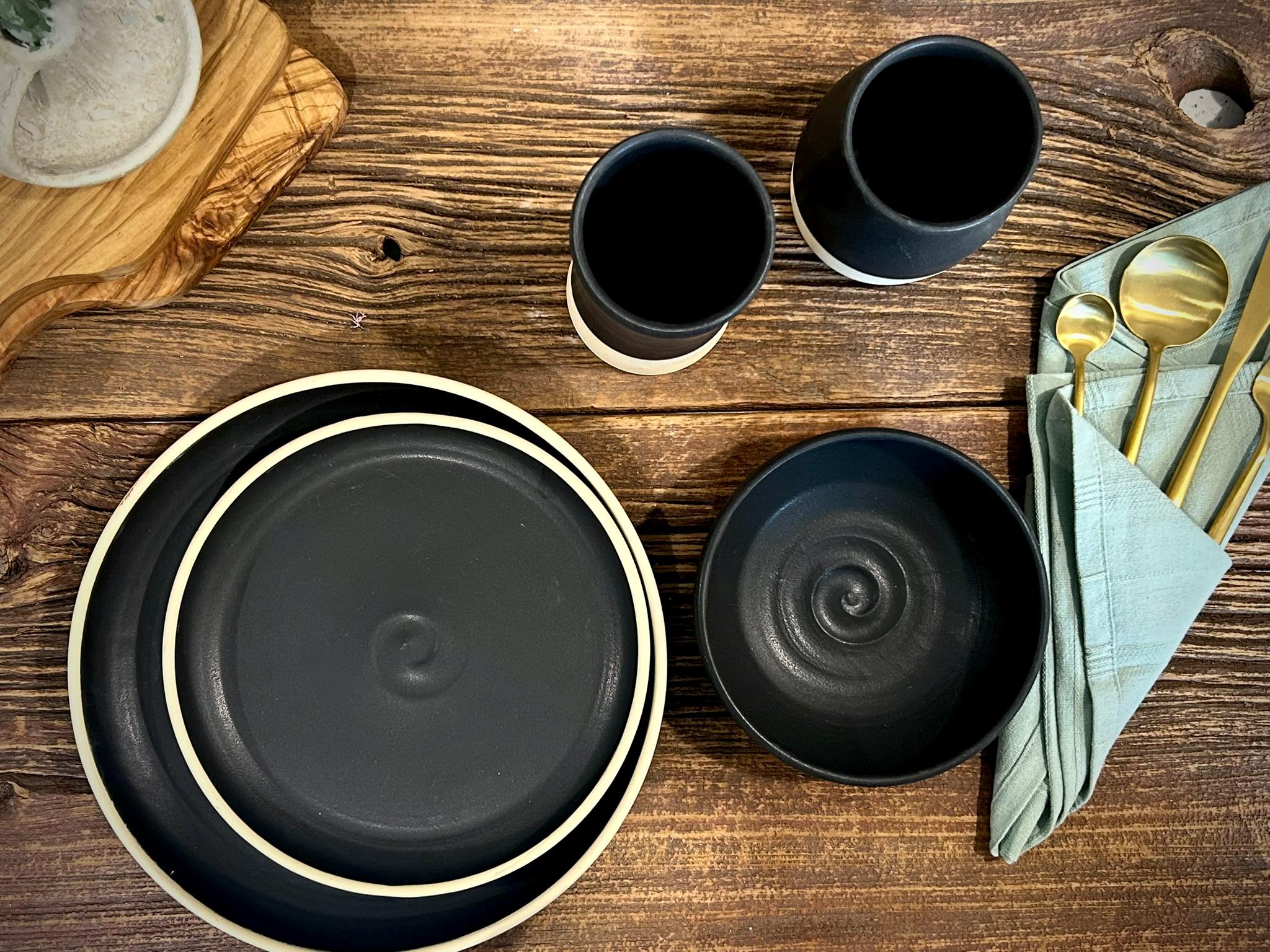 Handmade Ceramic Dinnerware Set | Blackstone Artisan Stoneware Dinner Set | Plate, Salad Plate, Bowl & Tumbler