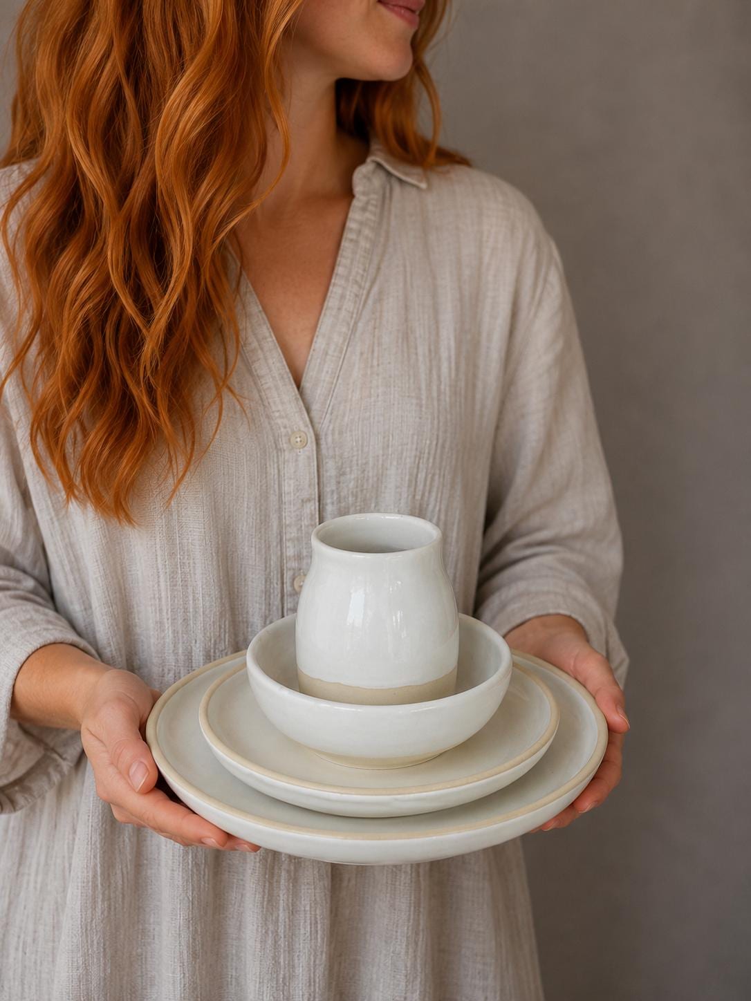 Handmade Ceramic Dinnerware Set | White Dove Artisan Stoneware Dinner Set | Plate, Salad Plate, Bowl & Tumbler