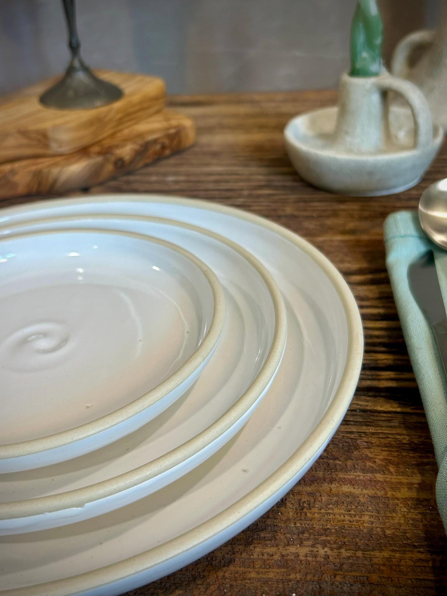 Handmade Ceramic Dinnerware Set | White Dove Artisan Stoneware Dinner Set | Plate, Salad Plate, Bowl & Tumbler