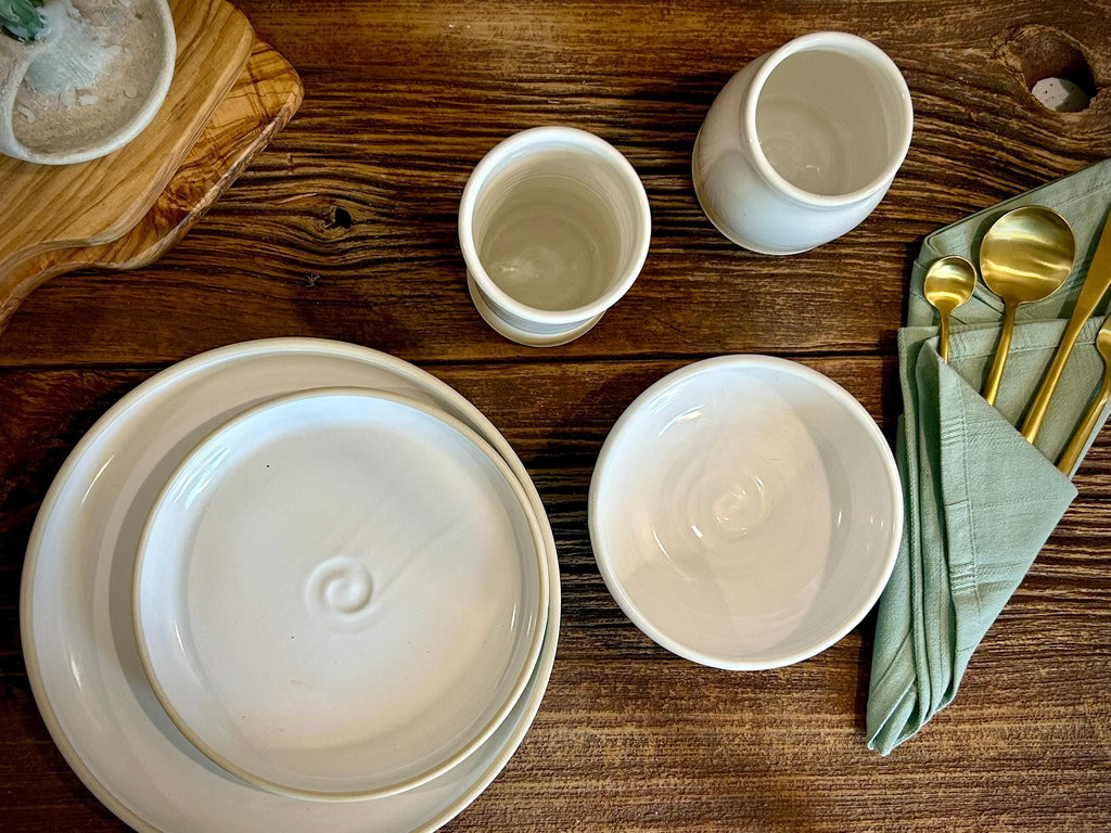 Handmade Ceramic Dinnerware Set | White Dove Artisan Stoneware Dinner Set | Plate, Salad Plate, Bowl & Tumbler
