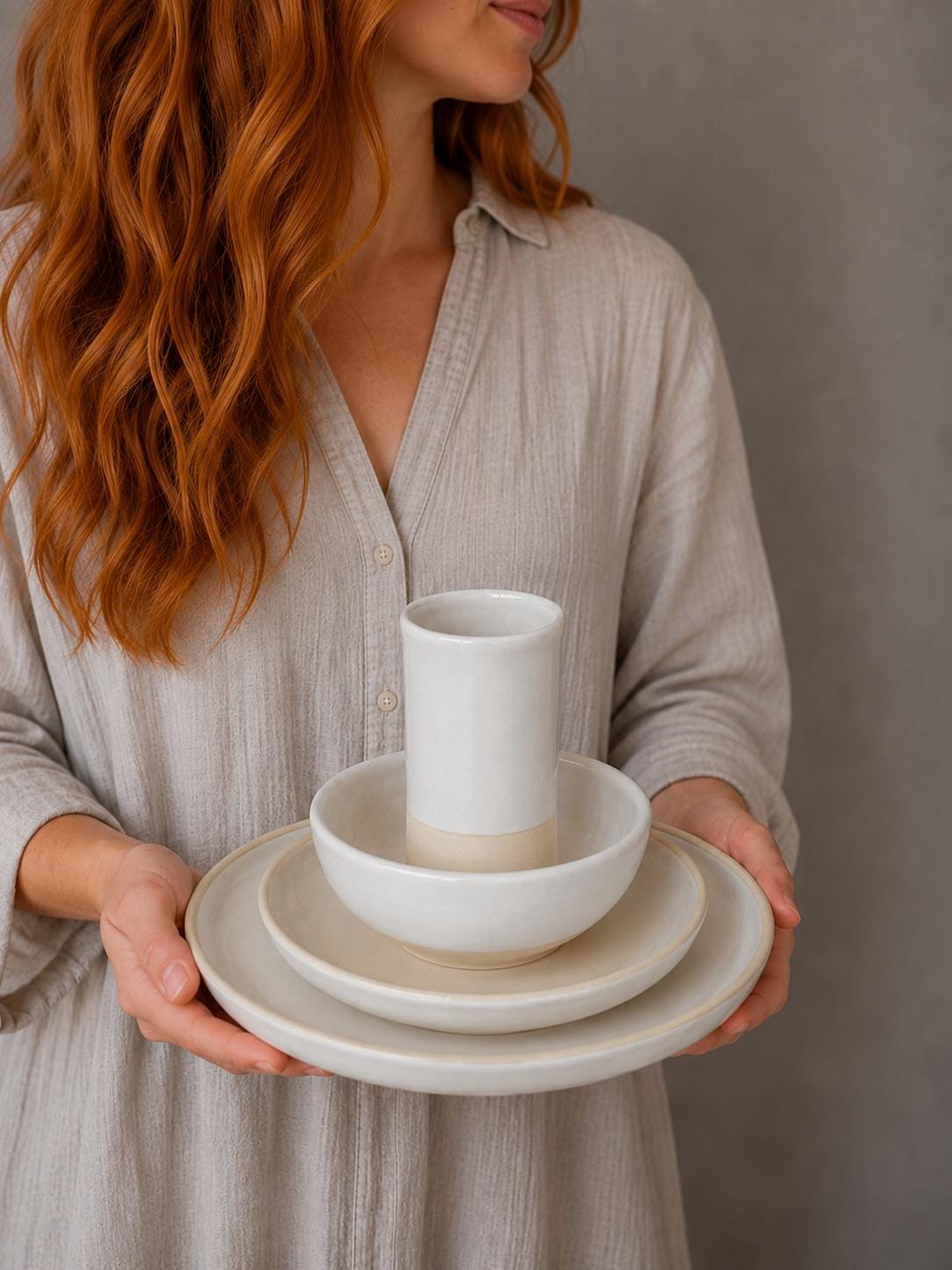 Handmade Ceramic Dinnerware Set | White Dove Artisan Stoneware Dinner Set | Plate, Salad Plate, Bowl & Tumbler