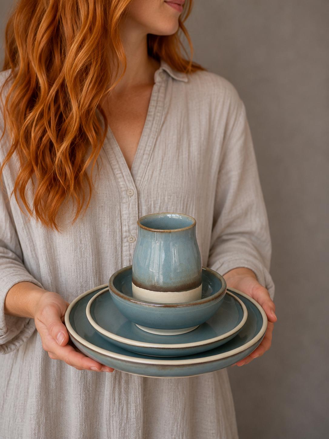 Handmade Ceramic Dinnerware Set | Riverdrift Artisan Stoneware Dinner Set | Plate, Salad Plate, Bowl & Tumbler
