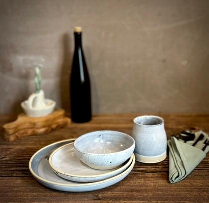 Handmade Ceramic Dinnerware Set | Linen Gray Artisan Stoneware Dinner Set | Plate, Salad Plate, Bowl & Tumbler