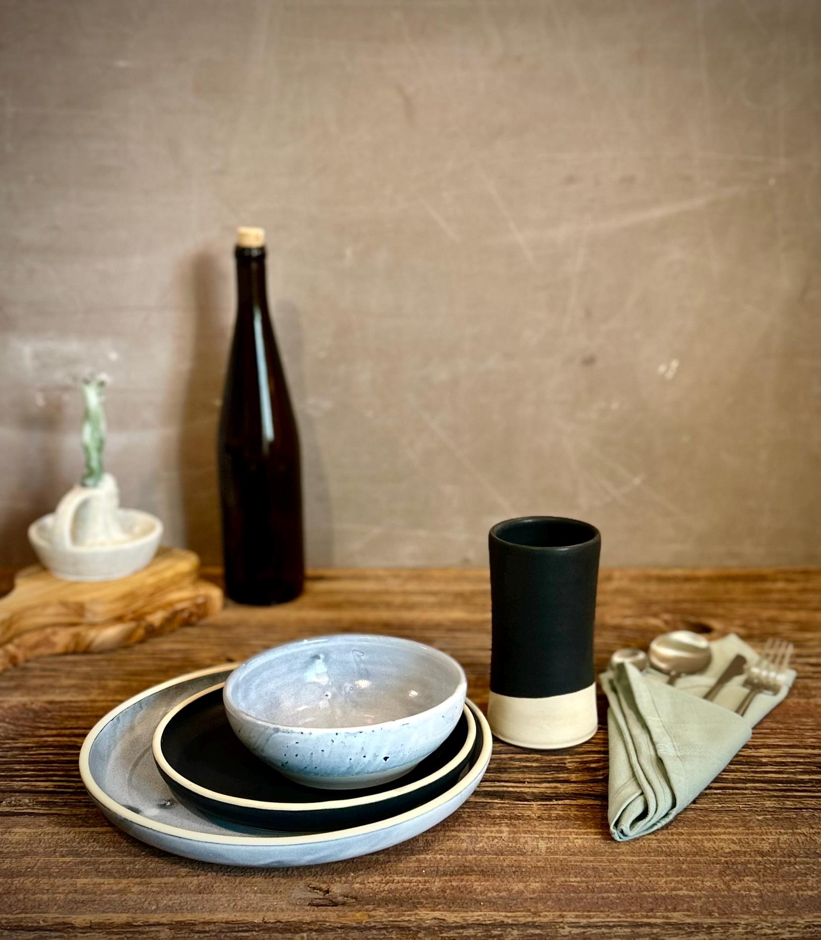 Handmade Ceramic Dinnerware Set | Linen Gray Artisan Stoneware Dinner Set | Plate, Salad Plate, Bowl & Tumbler