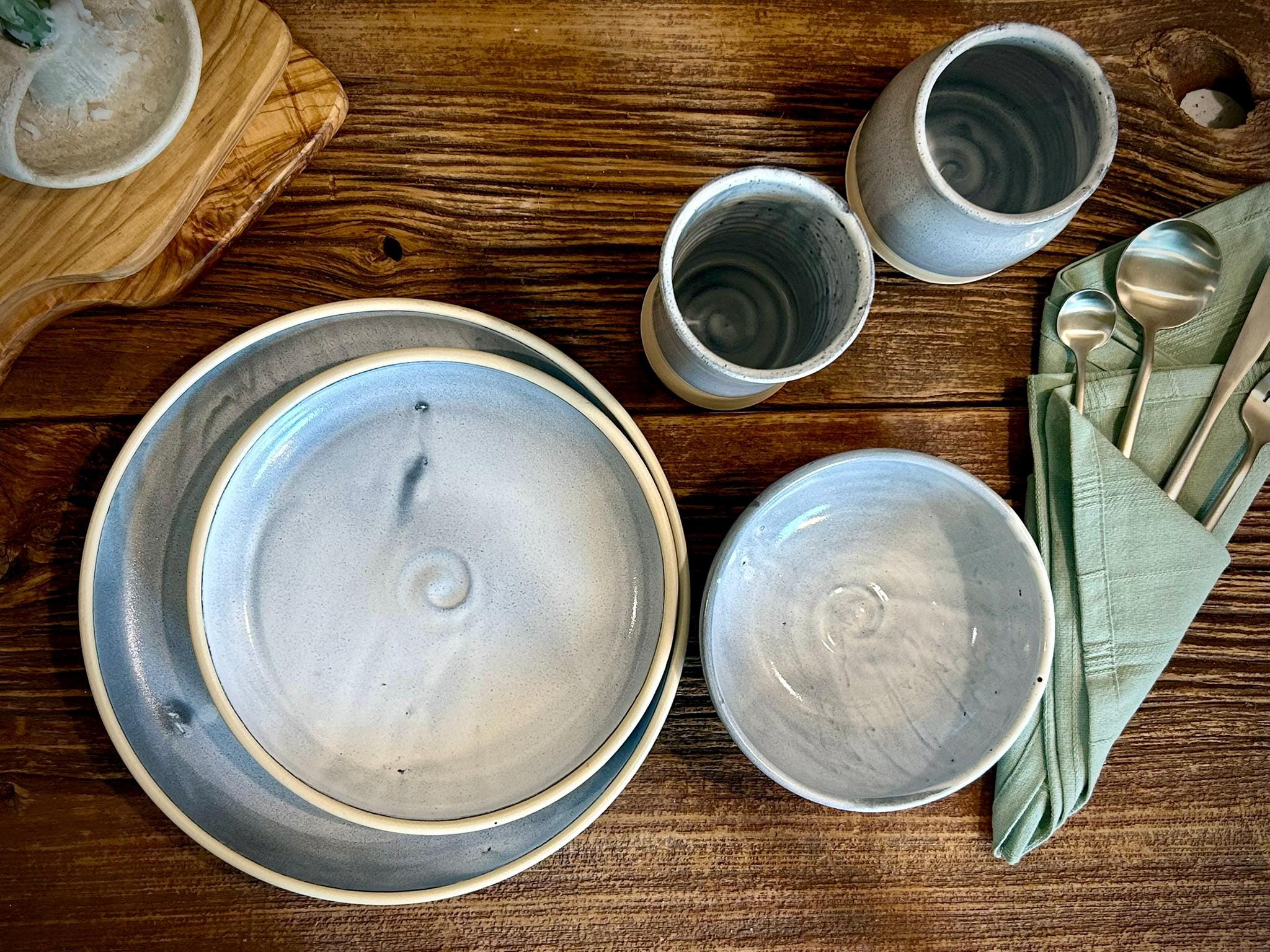 Handmade Ceramic Dinnerware Set | Linen Gray Artisan Stoneware Dinner Set | Plate, Salad Plate, Bowl & Tumbler