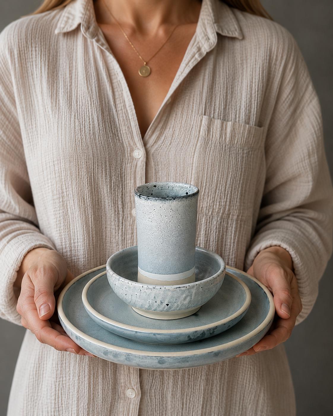 Handmade Ceramic Dinnerware Set | Linen Gray Artisan Stoneware Dinner Set | Plate, Salad Plate, Bowl & Tumbler