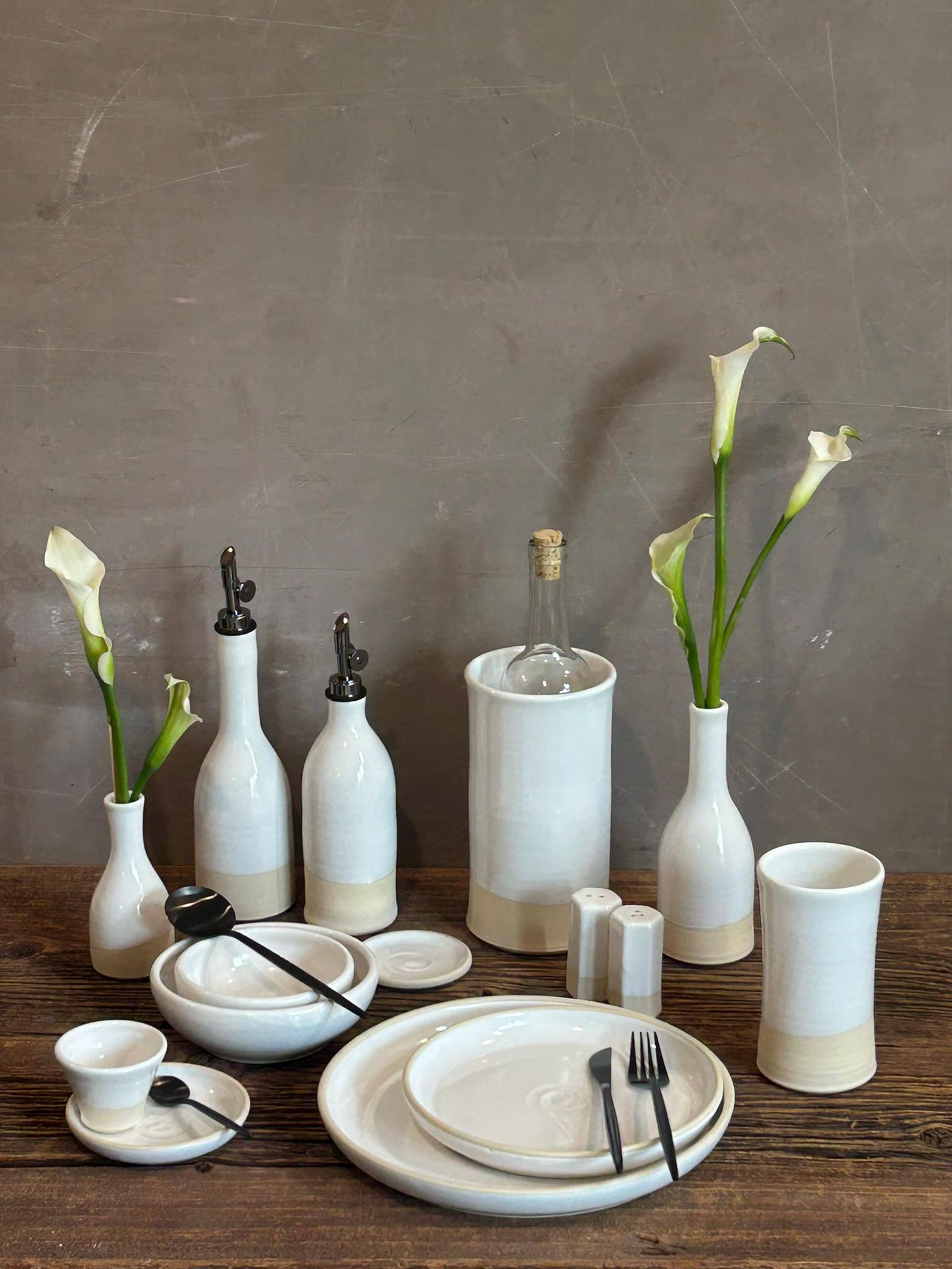 Handmade Ceramic Dinnerware Set | White Dove Artisan Stoneware Dinner Set | Plate, Salad Plate, Bowl & Tumbler