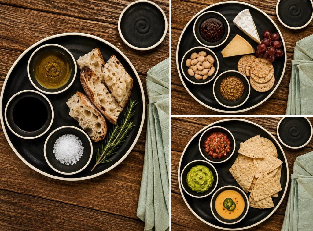 Handmade Ceramic Prep Plate Set | Blackstone Stoneware Artisan Condiment Plates | Olive Oil Dipping Plates | Available in Sets of 4, 6 or 8