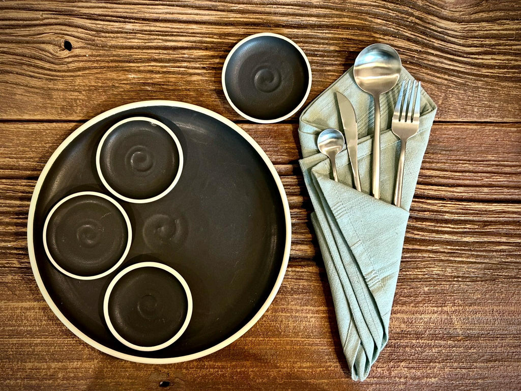 Handmade Ceramic Prep Plate Set | Blackstone Stoneware Artisan Condiment Plates | Olive Oil Dipping Plates | Available in Sets of 4, 6 or 8