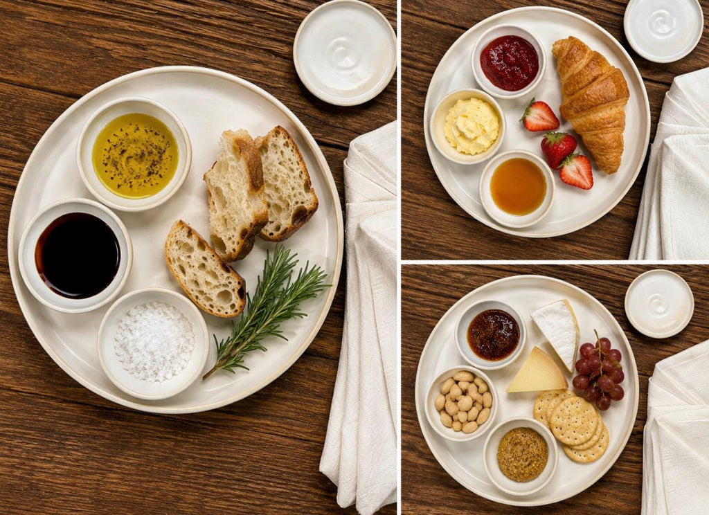 Handmade Ceramic Prep Plate Set | White Dove Stoneware Artisan Condiment Plates | Olive Oil Dipping Plates | Available in Sets of 4, 6 or 8