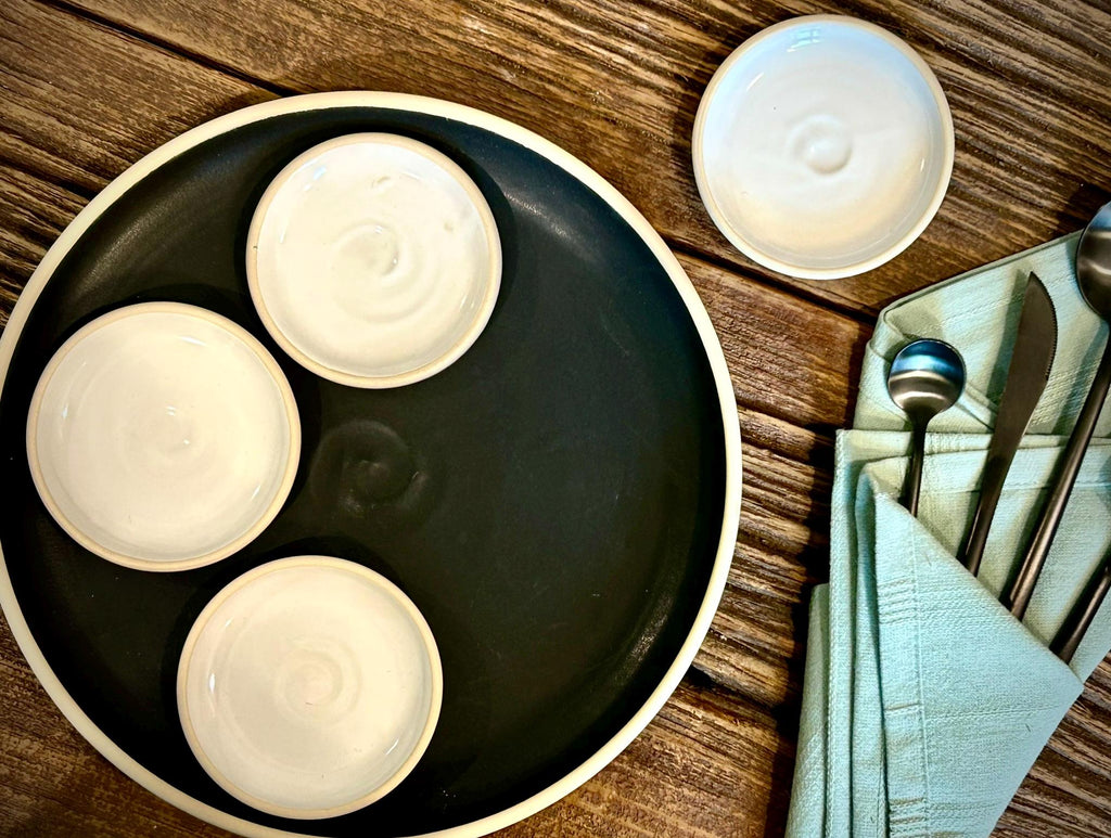 Handmade Ceramic Prep Plate Set | White Dove Stoneware Artisan Condiment Plates | Olive Oil Dipping Plates | Available in Sets of 4, 6 or 8