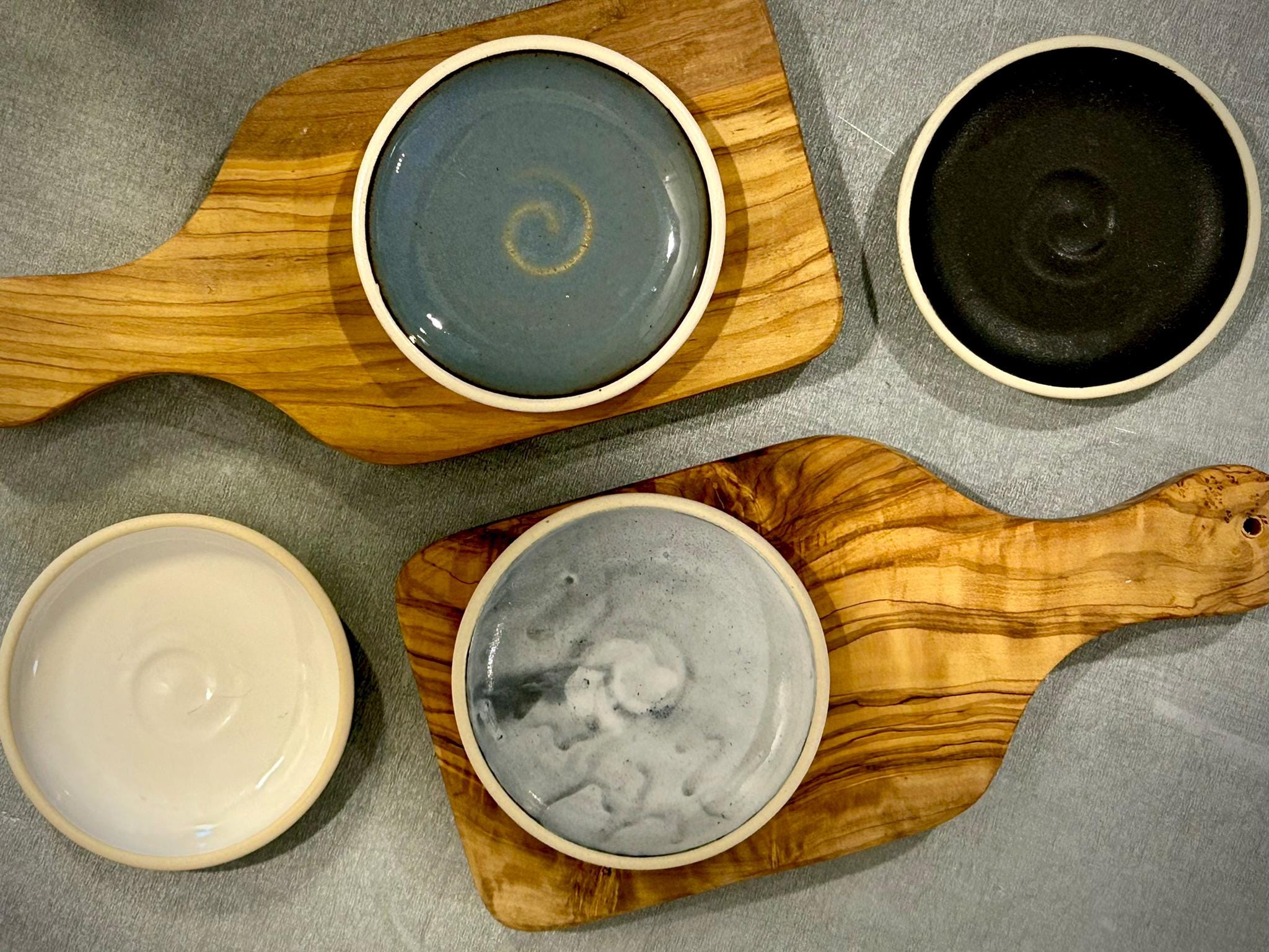 Handmade Ceramic Prep Plate Set | White Dove Stoneware Artisan Condiment Plates | Olive Oil Dipping Plates | Available in Sets of 4, 6 or 8
