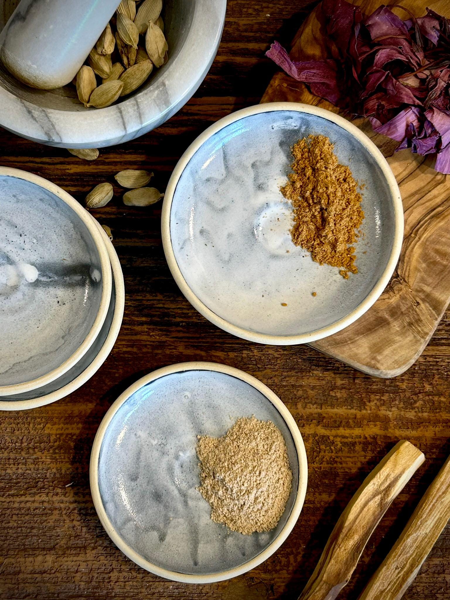 Handmade Ceramic Prep Plate Set | Linen Gray Stoneware Artisan Condiment Plates | Olive Oil Dipping Plates | Available in Sets of 4, 6 or 8