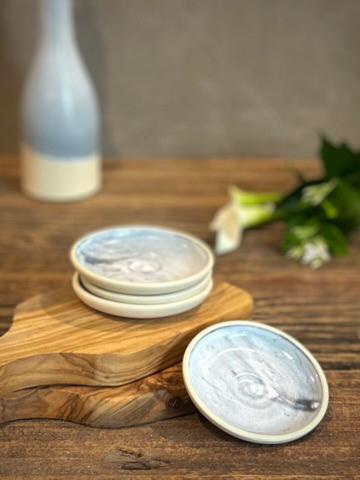 Handmade Ceramic Prep Plate Set | Linen Gray Stoneware Artisan Condiment Plates | Olive Oil Dipping Plates | Available in Sets of 4, 6 or 8