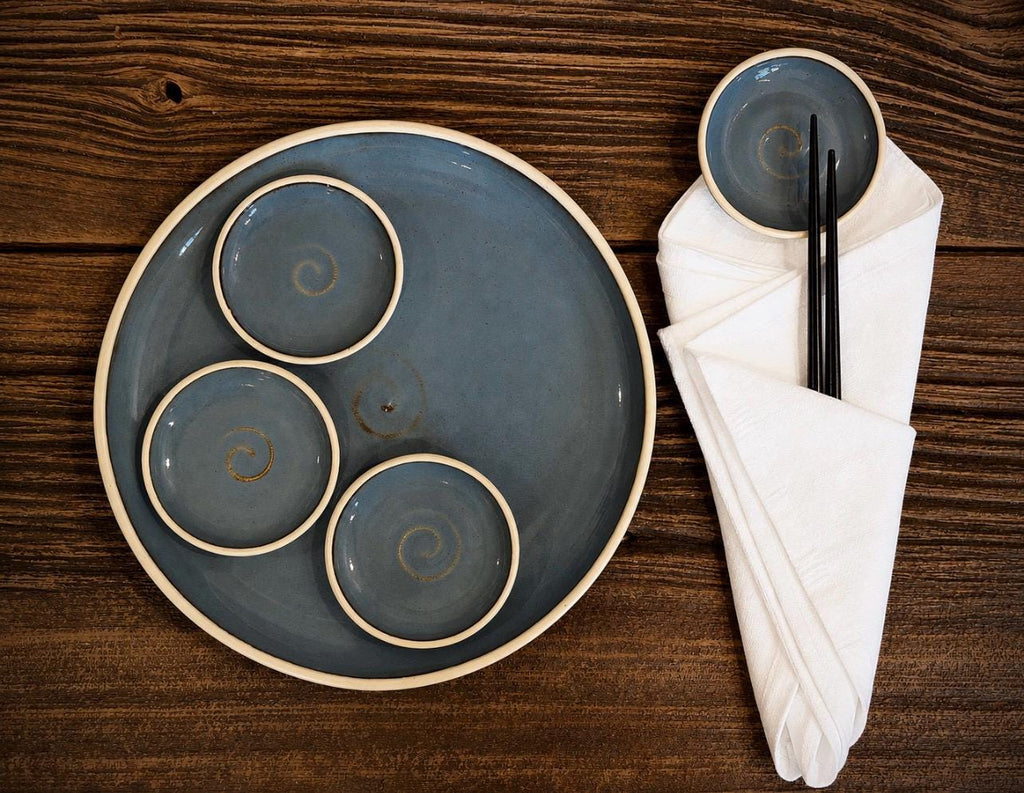 Handmade Ceramic Serving Plate SET | Riverdrift Large Serving Plate with 4 Prep Plates | Stoneware Appetizer & Charcuterie | Sushi | Mezze