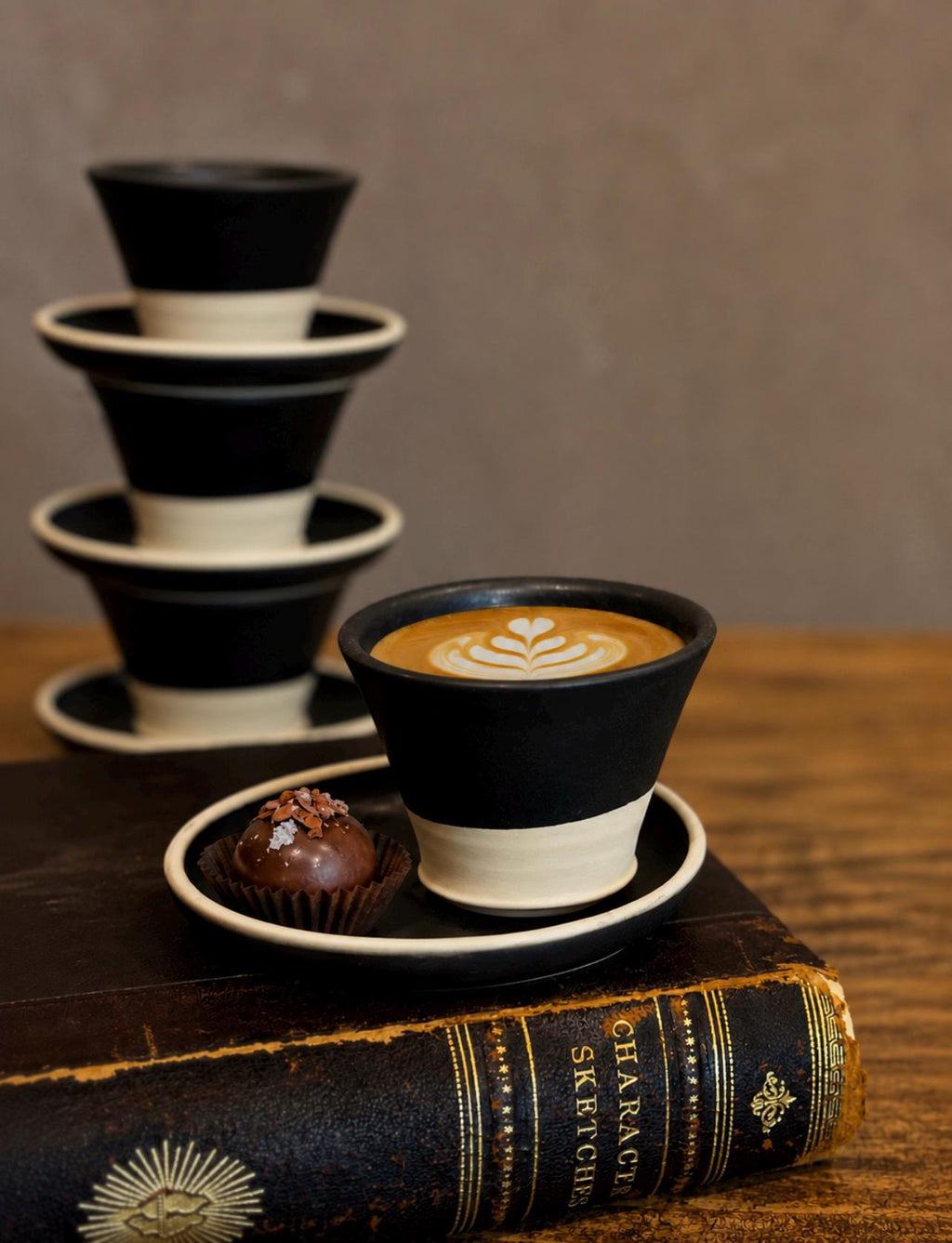 Handmade 4 oz Espresso Cup SET | Cup& Saucer | Blackstone Wide Ceramic Demitasse SET | Stoneware Cortado Cup | Handmade Espresso Lover Gift