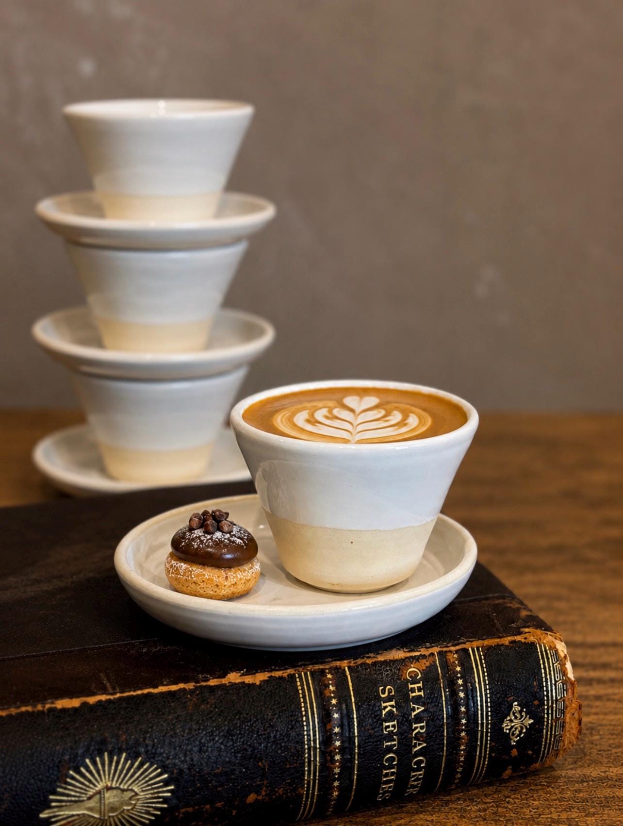 Handmade 4 oz Espresso Cup SET | Cup& Saucer | White Dove Wide Ceramic Demitasse SET | Stoneware Cortado Cup | Handmade Espresso Lover Gift