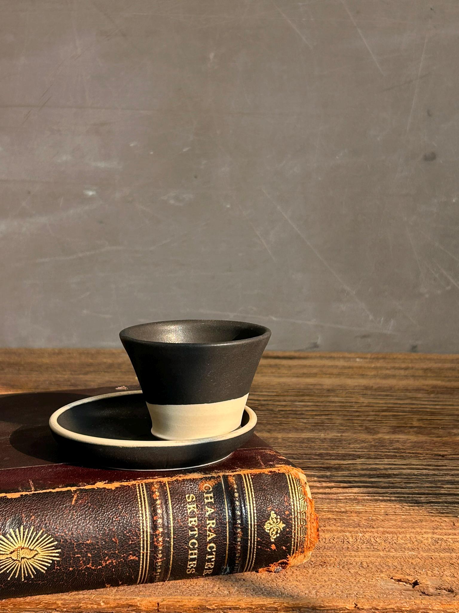 Handmade 4 oz Espresso Cup SET | Cup& Saucer | Blackstone Wide Ceramic Demitasse SET | Stoneware Cortado Cup | Handmade Espresso Lover Gift