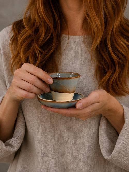 Handmade 4 oz Espresso Cup SET | Cup& Saucer | Riverdrfit Wide Ceramic Demitasse SET | Stoneware Cortado Cup | Handmade Espresso Lover Gift