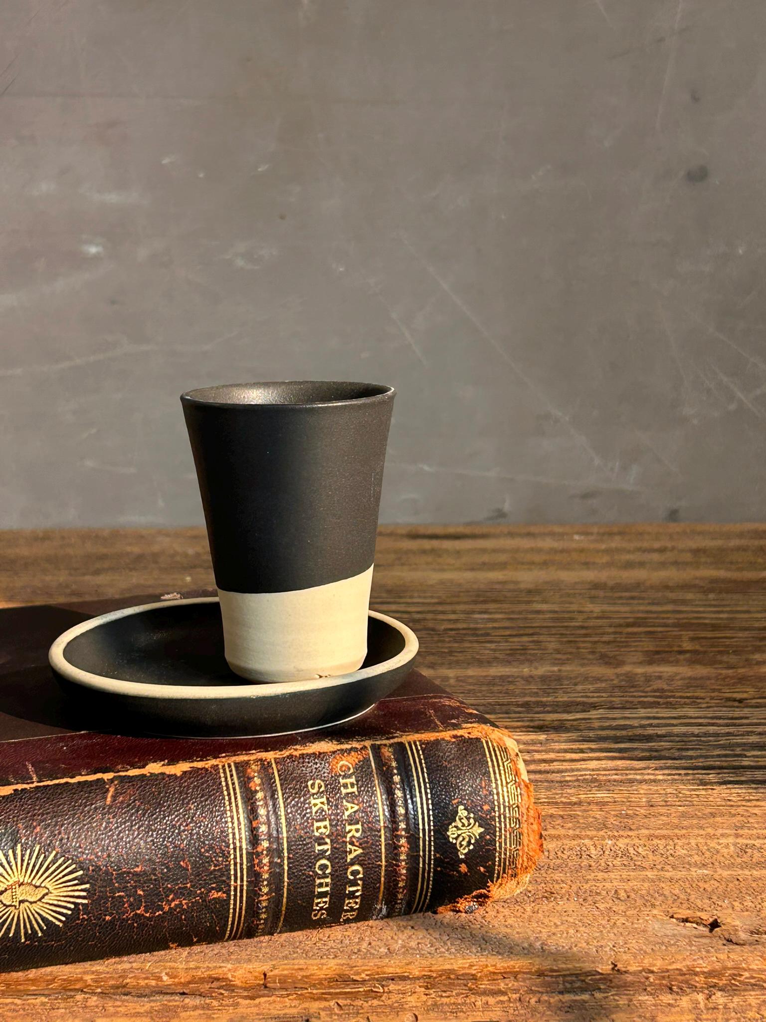 Handmade 4 oz Espresso Cup SET | Cup& Saucer | Blackstone Tall Ceramic Demitasse SET | Stoneware Cortado Cup | Handmade Espresso Lover Gift