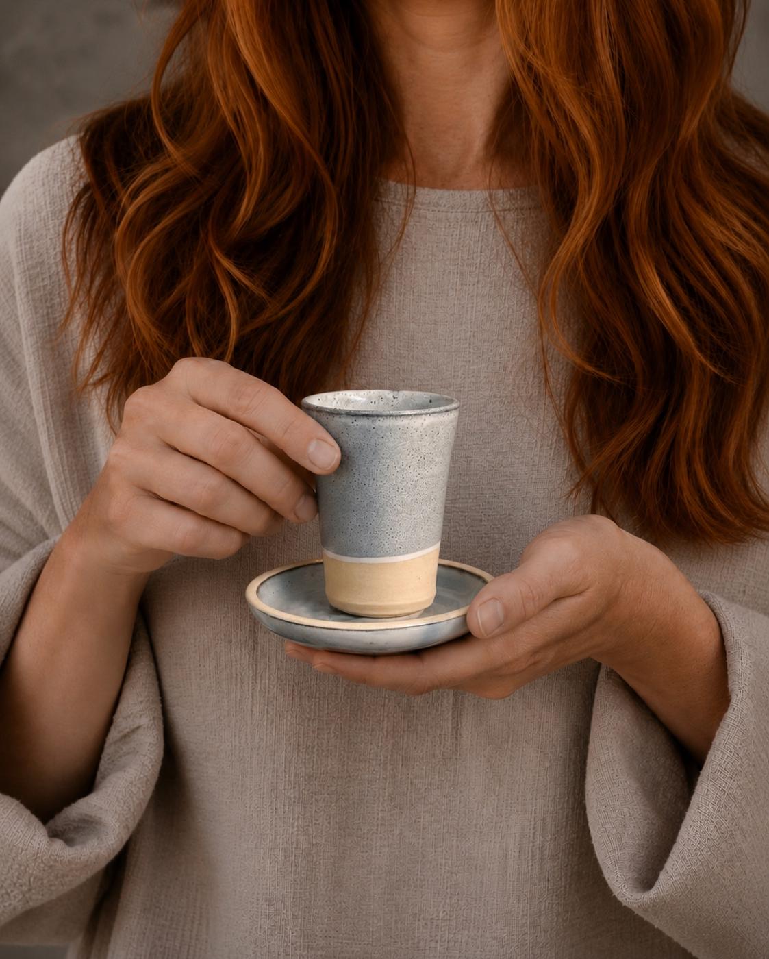 Handmade 4 oz Espresso Cup SET | Cup& Saucer | Linen Gray Tall Ceramic Demitasse SET | Stoneware Cortado Cup | Handmade Espresso Lover Gift