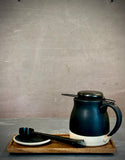 Handmade Loose Leaf Tea Gift Set | Ceramic Bell Mug with Lid, Stainless Steel Infuser, Tea Scoop & Acacia Tray | Blackstone | Gift Basket