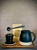 Handmade Loose Leaf Tea Gift Set | Ceramic Bell Mug with Lid, Stainless Steel Infuser, Tea Scoop & Acacia Tray | Blackstone | Gift Basket