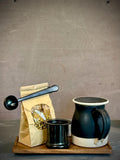 Handmade Loose Leaf Tea Gift Set | Ceramic Bell Mug with Lid, Stainless Steel Infuser, Tea Scoop & Acacia Tray | Blackstone | Gift Basket