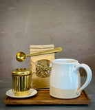 Handmade Loose Leaf Tea Gift Set | Ceramic Bell Mug with Lid, Stainless Steel Infuser, Tea Scoop & Acacia Tray | White Dove
