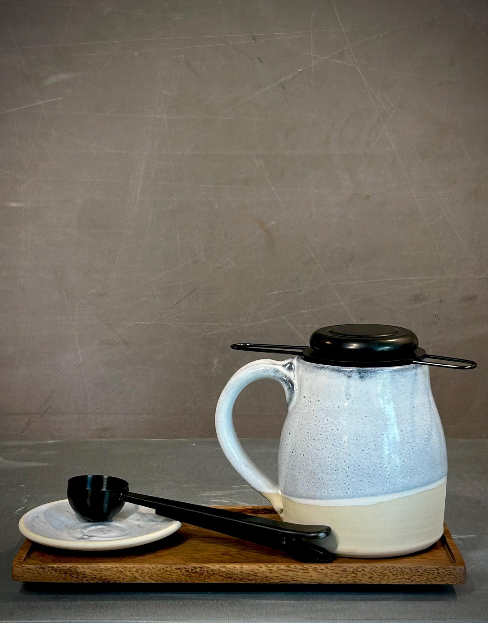 Handmade Loose Leaf Tea Gift Set | Ceramic Bell Mug with Lid, Stainless Steel Infuser, Tea Scoop & Acacia Tray | Linen Gray | Gift Basket