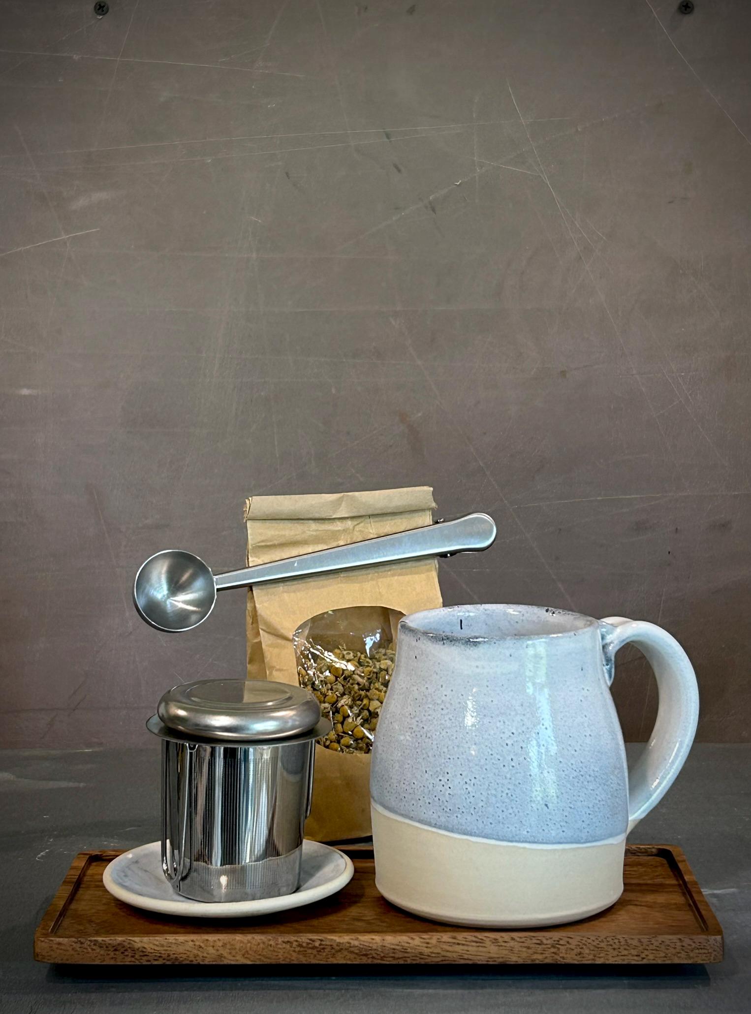 Handmade Loose Leaf Tea Gift Set | Ceramic Bell Mug with Lid, Stainless Steel Infuser, Tea Scoop & Acacia Tray | Linen Gray | Gift Basket