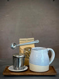 Handmade Loose Leaf Tea Gift Set | Ceramic Bell Mug with Lid, Stainless Steel Infuser, Tea Scoop & Acacia Tray | Linen Gray | Gift Basket