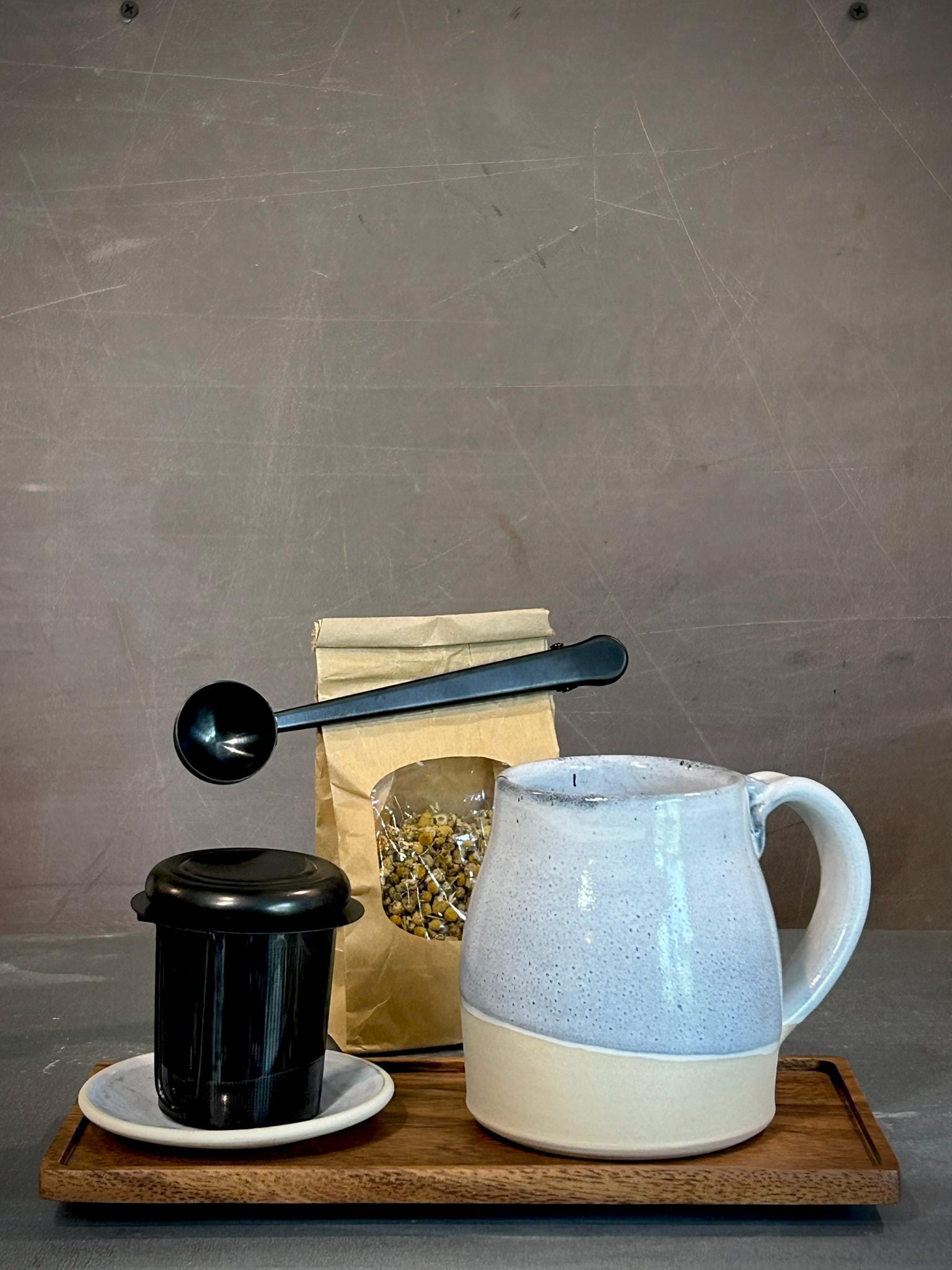 Handmade Loose Leaf Tea Gift Set | Ceramic Bell Mug with Lid, Stainless Steel Infuser, Tea Scoop & Acacia Tray | Linen Gray | Gift Basket