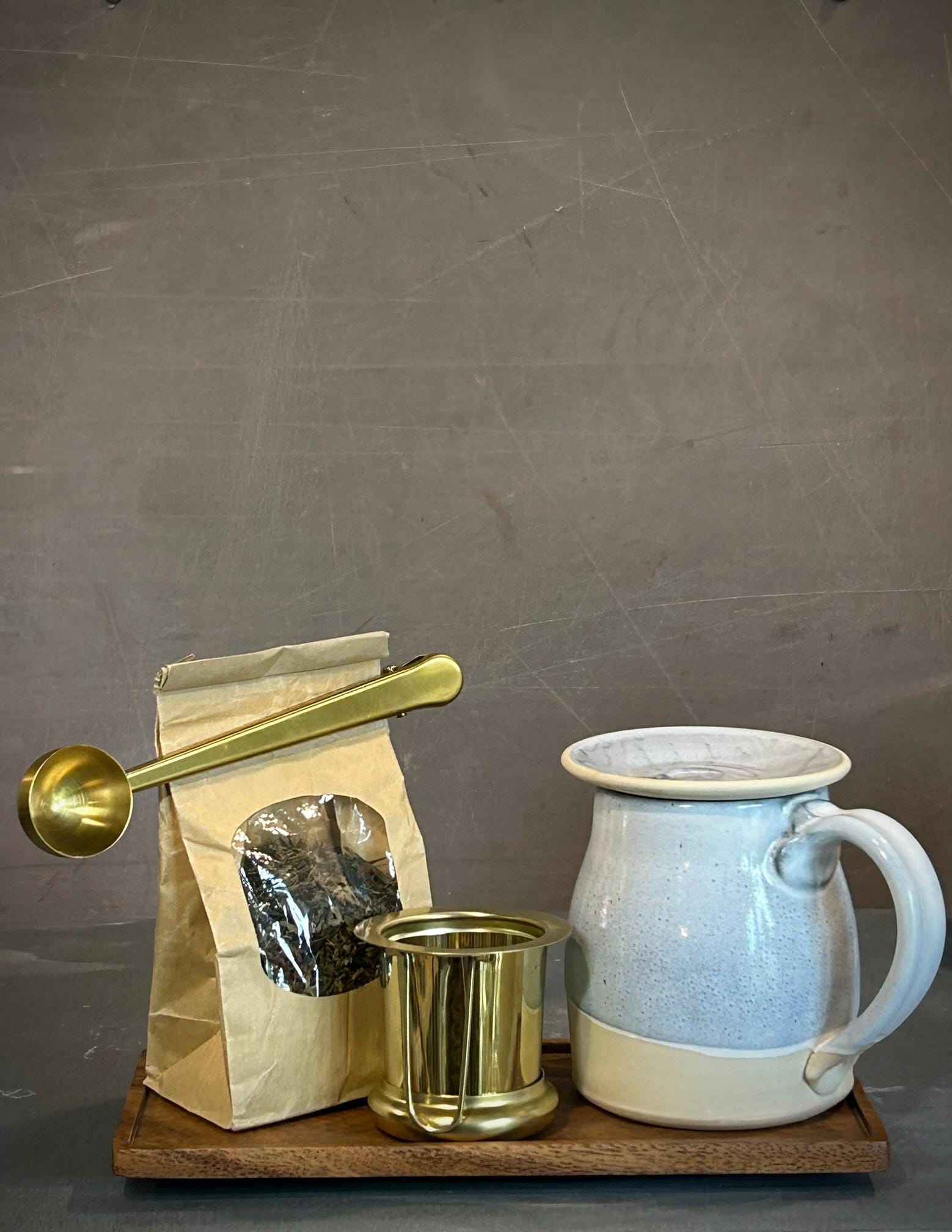 Handmade Loose Leaf Tea Gift Set | Ceramic Bell Mug with Lid, Stainless Steel Infuser, Tea Scoop & Acacia Tray | Linen Gray | Gift Basket