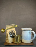 Handmade Loose Leaf Tea Gift Set | Ceramic Bell Mug with Lid, Stainless Steel Infuser, Tea Scoop & Acacia Tray | Linen Gray | Gift Basket