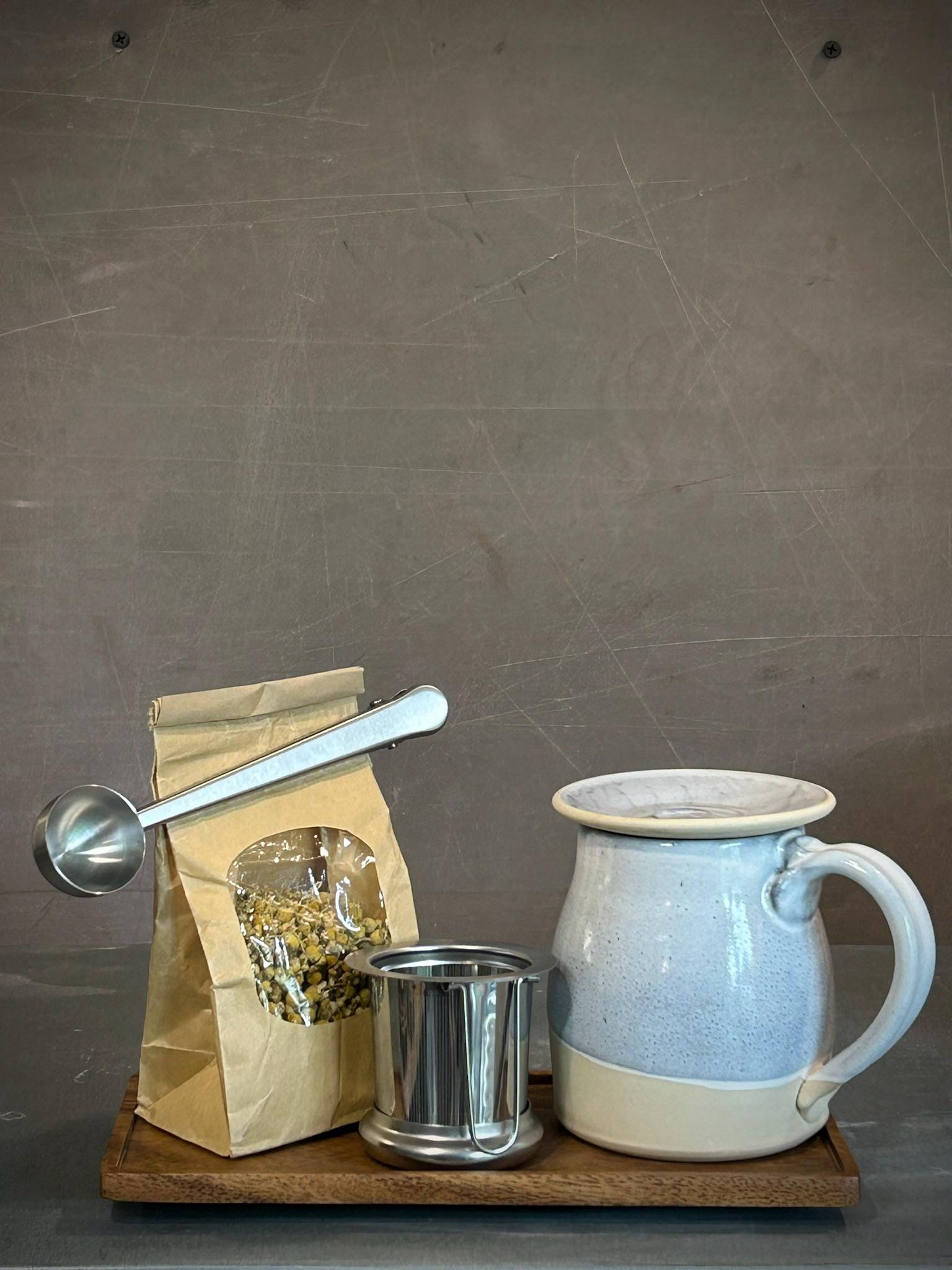 Handmade Loose Leaf Tea Gift Set | Ceramic Bell Mug with Lid, Stainless Steel Infuser, Tea Scoop & Acacia Tray | Linen Gray | Gift Basket