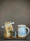 Handmade Loose Leaf Tea Gift Set | Ceramic Bell Mug with Lid, Stainless Steel Infuser, Tea Scoop & Acacia Tray | Linen Gray | Gift Basket